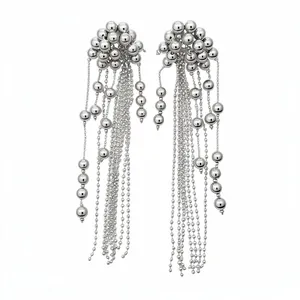 Silver tassel drop earrings with sphere clusters for women, minimalist luxury fashion style