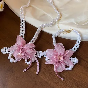 Elegant pink chiffon flower and pearl necklace with matching bracelet jewelry set