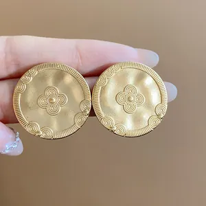 Vintage 18K gold plated matte round stud earrings with elegant embossed floral pattern
