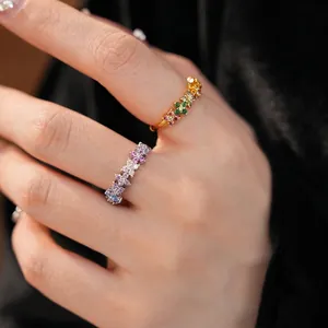 Elegant Colorful Zirconia Inlaid Flower Ring For Women Copper Gold Silver Plated Vintage Sophisticated Light Luxury Finger Ring Jewelry