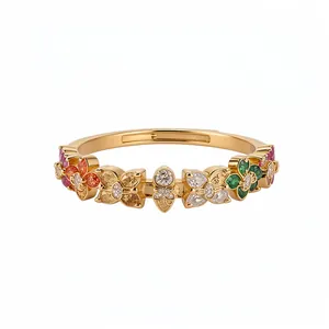 Exquisite gold-plated ring featuring colorful zircon flower patterns in a luxury minimalist style
