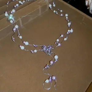 Elegant Korean style necklace with purple crystal butterfly and pearl tassels