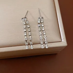 Eleganti orecchini a perno con nappa argentata e strass scintillanti per donna.