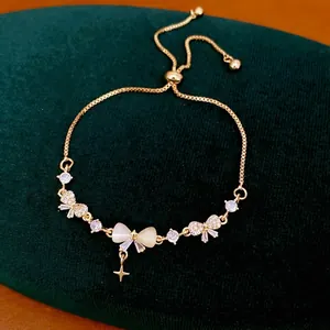 18K Gold Plated Zirconia Bow Knot Star Slider Bracelet Elegant Niche Style Adjustable Hand Jewelry For Women Gift