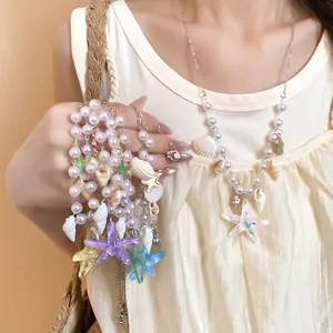 Summer Starfish Shell Artificial Pearl Necklace For Women Dopamine Color Beach Vacation Jewelry Alloy Pendant Necklace