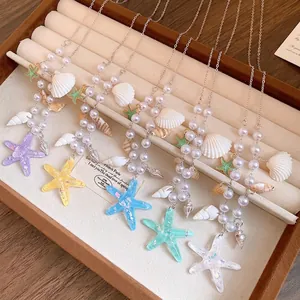 Ocean-themed starfish and seashell pearl necklaces for summer beach vacation style