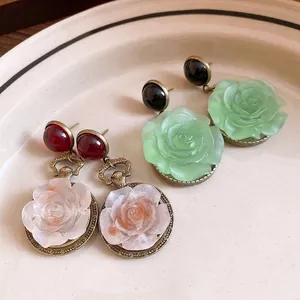 Vintage silver needle resin rose drop earrings in red and green floral designs