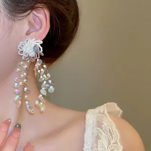 Elegant sweet dopamine flower tassel earrings with colorful sequins for summer