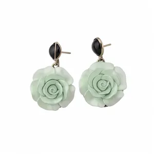 Elegant mint green resin rose dangle earrings with black stud and silver pins for women