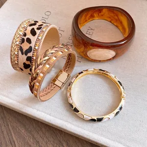 Retro Maillard style bracelet set with leopard print and enamel gold-tone details