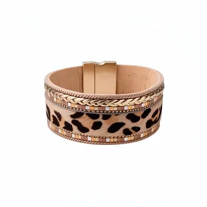 Luxury bohemian leopard print multi-layer leather cuff bracelet with gold magnetic buckle