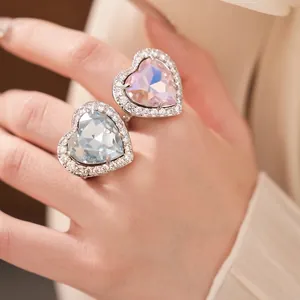 Vintage Palace Style Heart Zirconia Open Ring For Women Light Luxury Copper Inlaid Rhinestone Adjustable Jewelry Accessory