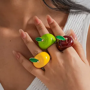 Creative Apple Fruit Shape Alloy Enamel Drip Oil Ring For Women Fashion Individual Niche Design Index Finger Ring Dopamine Color Jewelry
