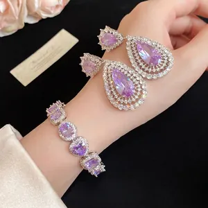 Luxurious Copper Purple Zirconia Waterdrop Hollow Pendant Earrings And Bracelet Fashion Jewelry For Women Wedding Party