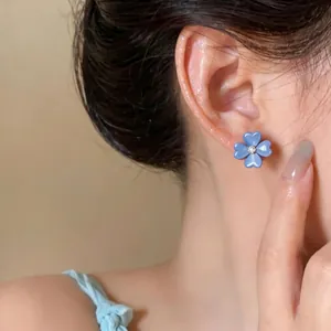 Blue cat's eye flower stud earrings with zircon center, elegant jewelry for women