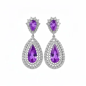Elegant silver-toned teardrop drop earrings featuring purple zirconia and accents for women