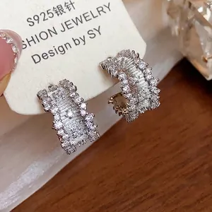 Elegant S925 silver needle C-shaped hoop earrings with micro-pave zircon crystals