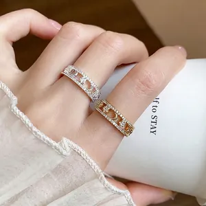 Luxury Real 18K Gold Plated Copper Zirconia Star Moon Ring For Women Hollow Design Adjustable Open Finger Ring Jewelry