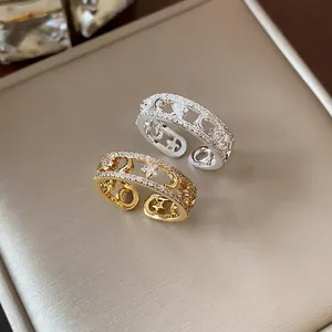 Elegant 18k gold plated cubic zirconia star and moon open adjustable rings in gold and silver
