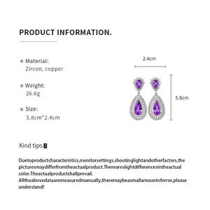 Purple zircon teardrop earrings size chart and material specifications detail view