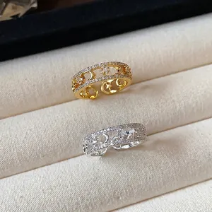 Elegant 18k gold plated star and moon adjustable open rings with cubic zirconia stones