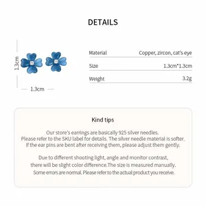 Detailed view of blue flower stud earrings with material specs and 1.3cm measurements.