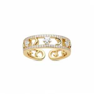 Elegant 18k gold plated ring with cubic zirconia stars and moon celestial design