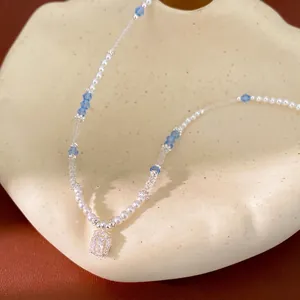 Elegant beaded pearl necklace featuring a sparkling square zircon pendant for summer