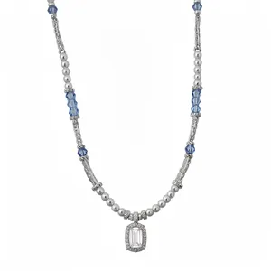 Elegant silver beaded necklace featuring blue crystals and a radiant rectangular zircon pendant