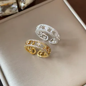 Elegant gold and silver plated star moon open rings with sparkling zircon pave detailing