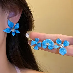 Blue Flower Stud Earrings for Women Sweet Drip Oil Inlaid Rhinestone Alloy Earrings with Silver Earring Post Holiday Jewelry