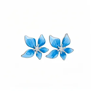 Elegant blue enamel flower stud earrings with sparkling cubic zirconia center for women