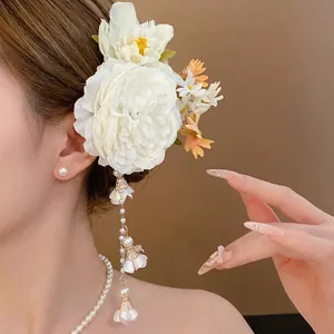 Fabric Flower Artificial Pearl Tassel Hair Clip Sweet Floral Duckbill Clip Elegant Handmade Women Hair Accessories For Wedding Party Jewelry