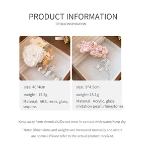 Detailed specifications for fabric flower pearl tassel hair clips with dimensions.