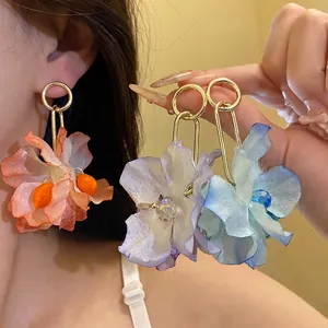 Elegant Fabric Flower Tassel Earrings For Women Sweet Rhinestone Floral Drop Earrings With Silver Earring Post For Beach Vacation