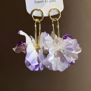 Elegant silver needle fabric flower dangle earrings for beach vacation and resort style