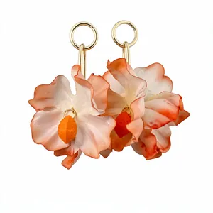 Handcrafted elegant orange fabric flower drop earrings with gold hoops and bead charms