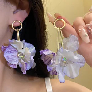Elegant purple fabric flower petal drop earrings with crystal for vacation style