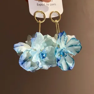 Blue fabric flower drop earrings with crystal center for elegant beach holiday style