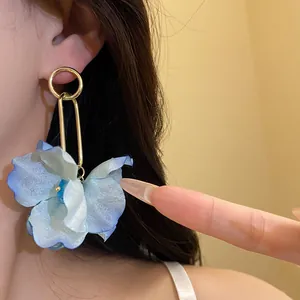 Elegant light blue fabric flower tassel earrings with silver needles for seaside vacation