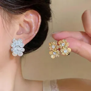 French style floral zircon stud earrings in silver and gold metallic finishes