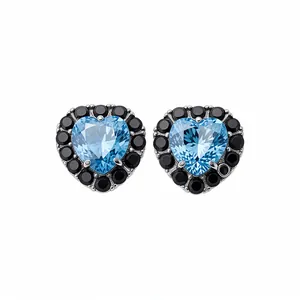 Elegant heart-shaped zircon earrings with light blue center stone and black halo stones