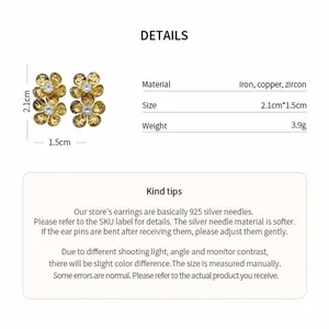 Detail view of yellow flower zircon earrings with technical specifications and size info