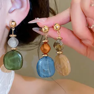 Pendientes Largos Redondos Geométricos Irregulares de Resina Jaspeada Nuevo Estilo Chino Joyería Elegante Vintage Con Poste de Plata Mujer