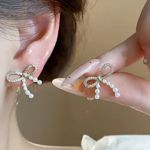 14K Gold Plated Bowknot Artificial Pearl Stud Earrings For Women Elegant Rhinestone Inlaid 925 Sterling Silver Post Earrings Jewelry