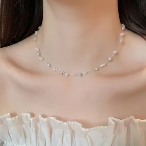 Modern Artificial Pearl Polymer Clay Necklace For Women Trendy Rhinestone Inlaid Collarbone Chain Elegant Handmade Jewelry Gift