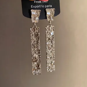 Elegant silver-needle crinkled rectangular dangling earrings with textured finish