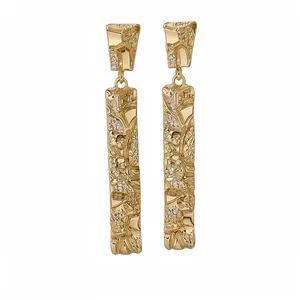 Elegant textured gold rectangular drop earrings with delicate sparkling crystal accents