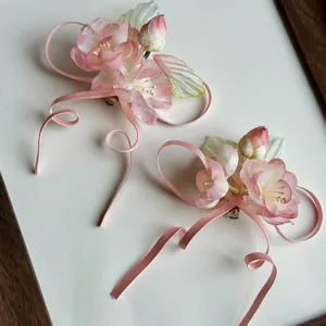 Handmade Chiffon Floral Ribbon Bow Hair Clip Ancient Style Hanfu Headpiece Pink Flower Duckbill Clip For Women Girls Jewelry