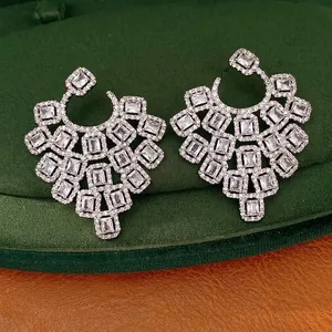 Luxury Geometric Square Copper Stud Earrings With Silver Earring Post Inlaid Zirconia Heavy Craft Exaggerated Earrings For Women